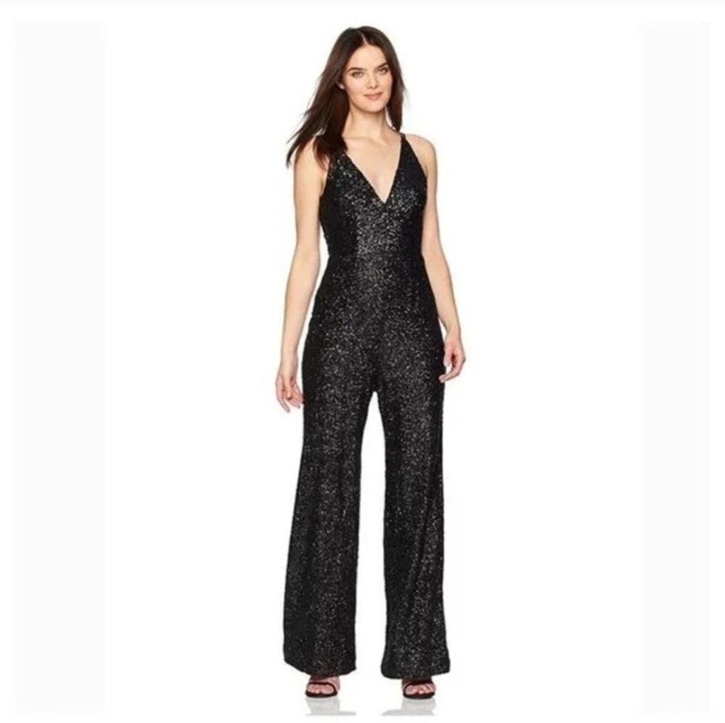 Dress The Population Charlie Sequin Jumpsuit Black Women's Small Evening Party